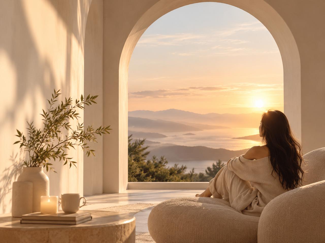 Sunlit archway overlooking the coast, with a seated figure looking toward the horizon